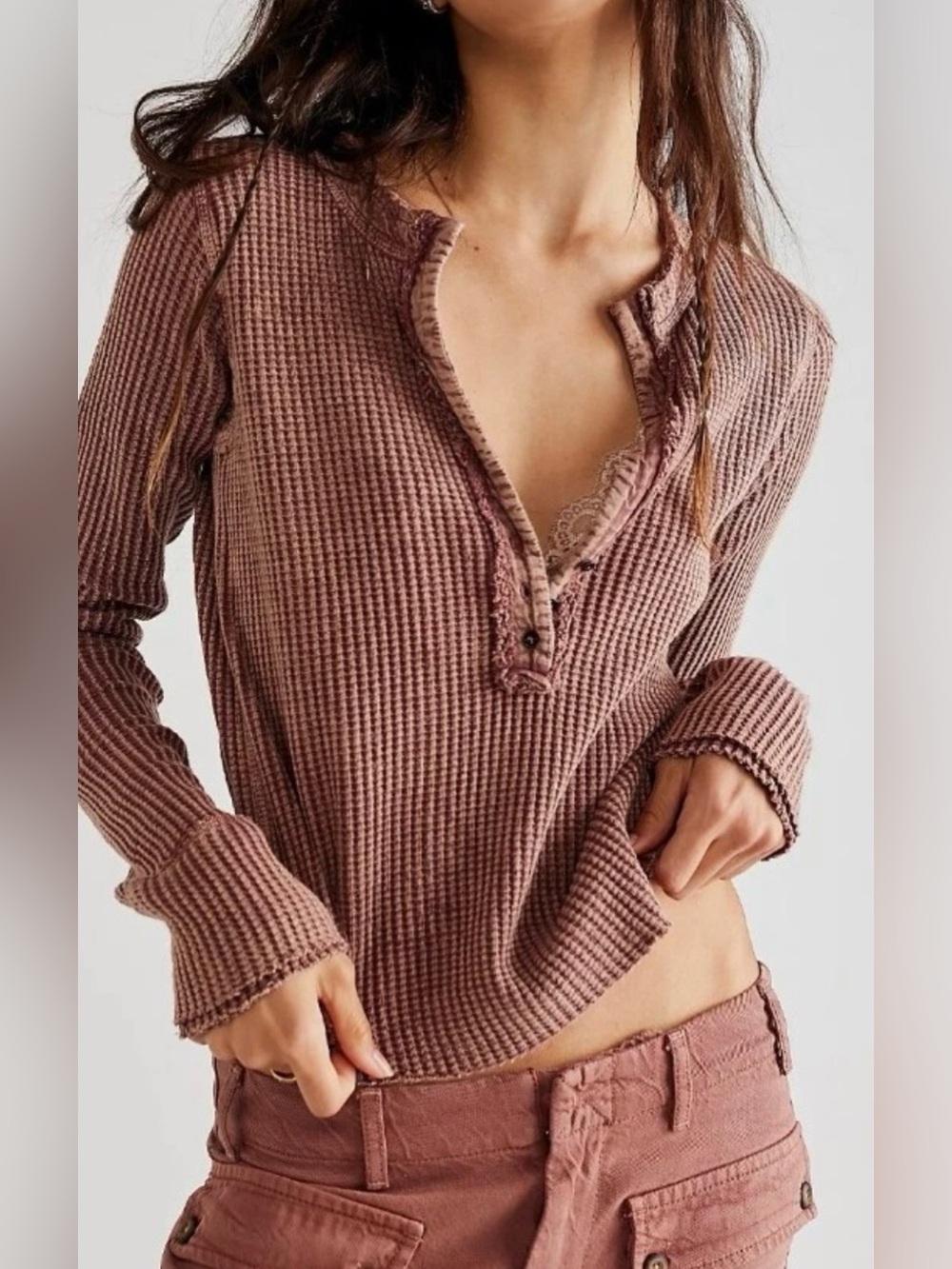 Free People Dusty Mauve Long Sleeve Waffle Knit Henley - Size S